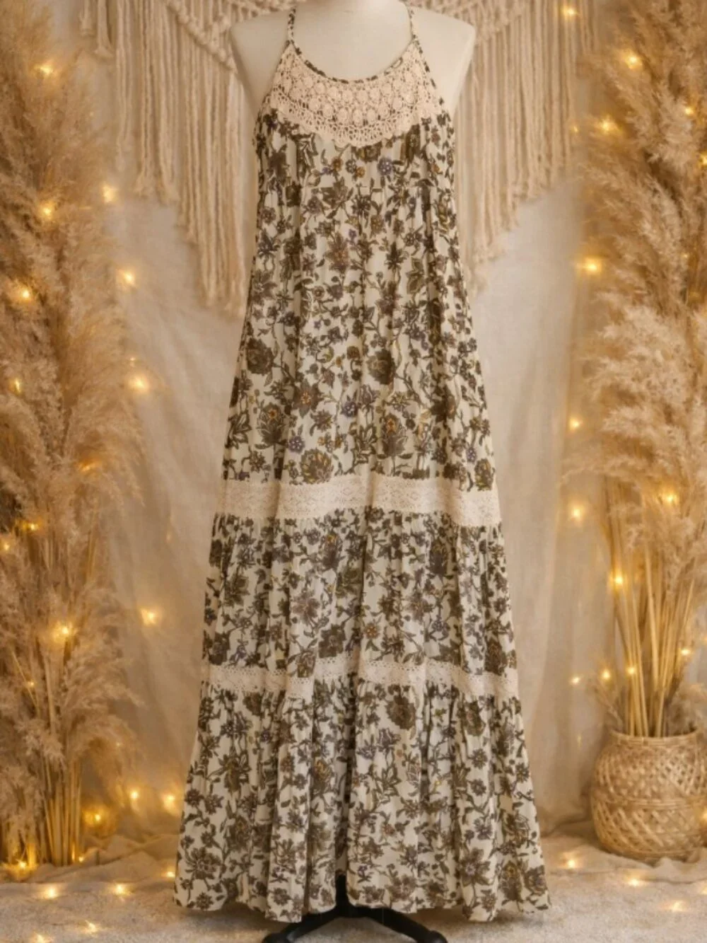 Maurices Cream Floral Crochet Lace Maxi Dress L Boho Cottagecore Festival Flowy